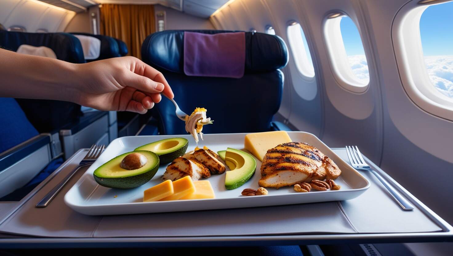 Eine Hand greift nach einer Gabel voll Hühnchen von einem Teller mit Avocado, Käse und Nüssen auf einem Tabletttisch im Flugzeug – perfekt für alle, die Keto auf Reisen genießen.