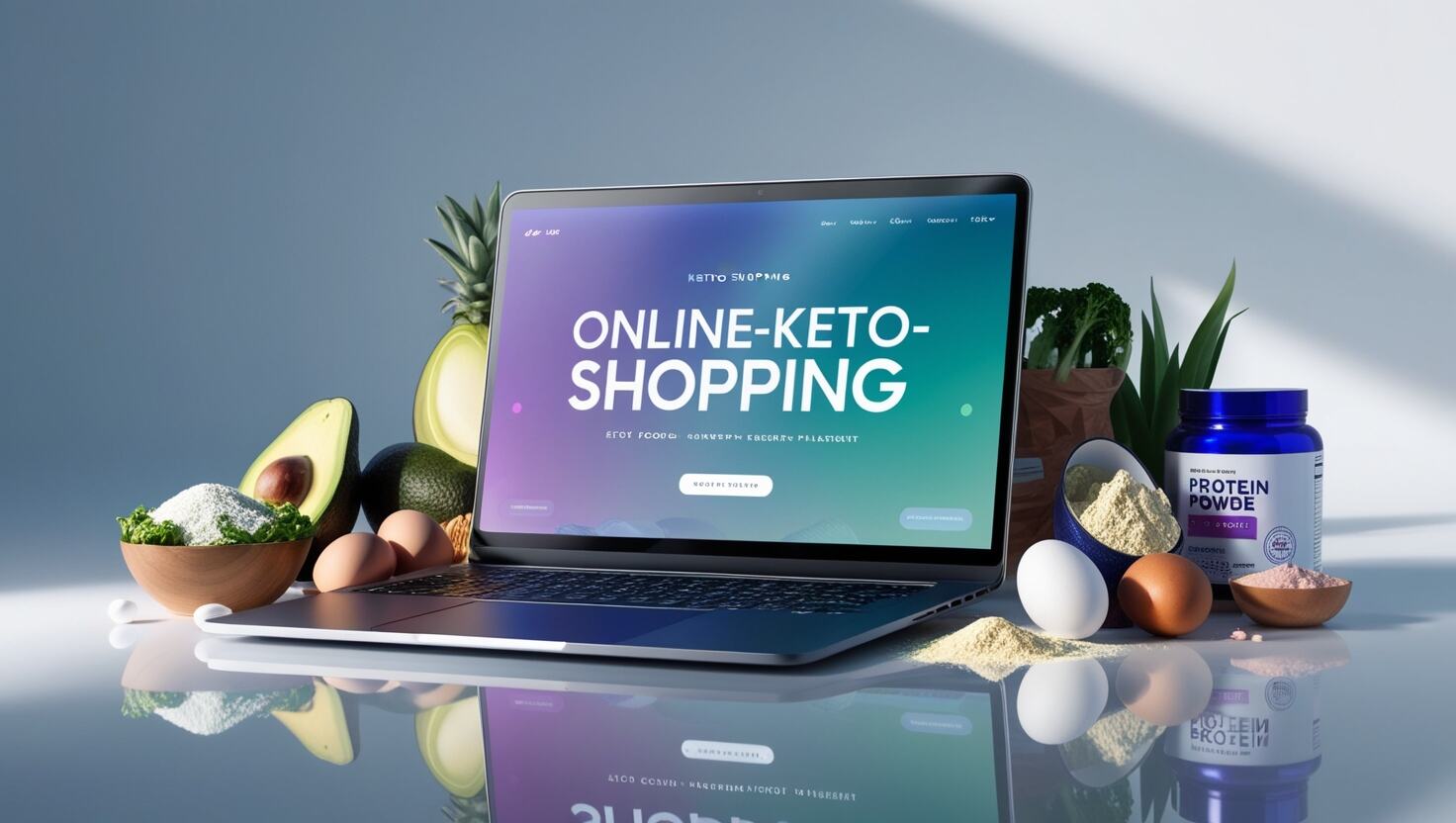 Ein Laptop mit der Anzeige „Online-Keto-Shopping“ auf dem Bildschirm ist umgeben von keto-freundlichen Lebensmitteln wie Avocados, Eiern, Nüssen und Proteinpulver.