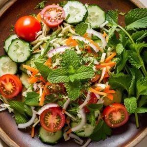 Ein frischer afghanischer Salat mit Gurkenscheiben, Kirschtomaten, geraspelten Karotten, roten Zwiebeln und Minzblättern, serviert in einer braunen Schüssel.