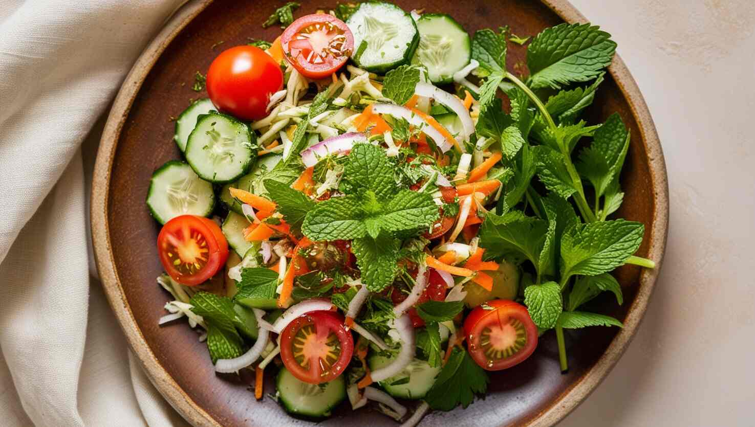 Ein frischer afghanischer Salat mit Gurkenscheiben, Kirschtomaten, geraspelten Karotten, roten Zwiebeln und Minzblättern, serviert in einer braunen Schüssel.