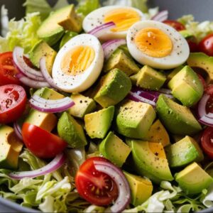 Salat mit Kopfsalat, Avocado, Kirschtomaten, roten Zwiebeln und gekochtem Ei in Scheiben in einer grauen Schüssel.