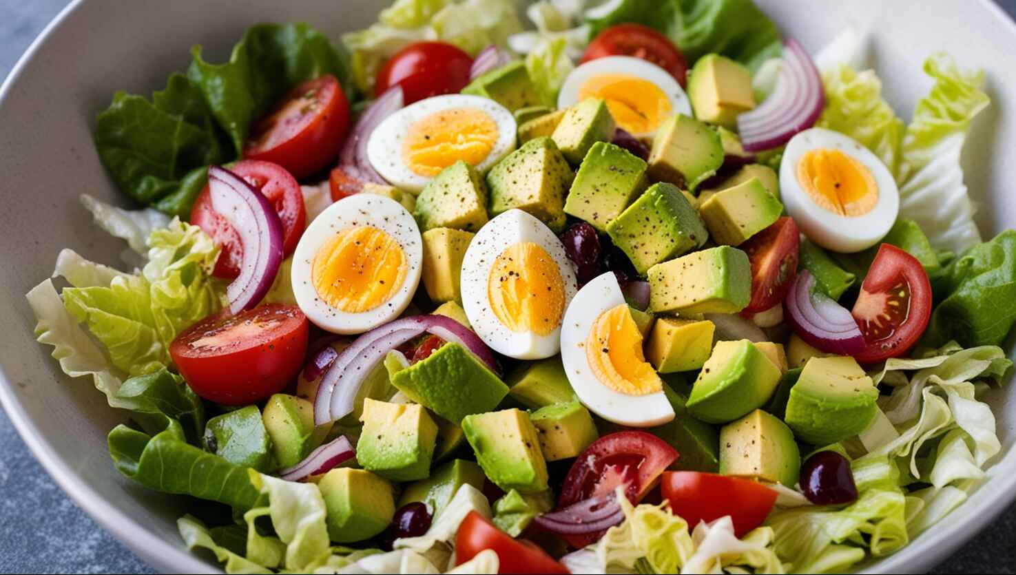 Salat mit Salat, Kirschtomaten, Avocado, roten Zwiebeln, schwarzen Oliven und geschnittenen gekochten Eiern in einer Schüssel.