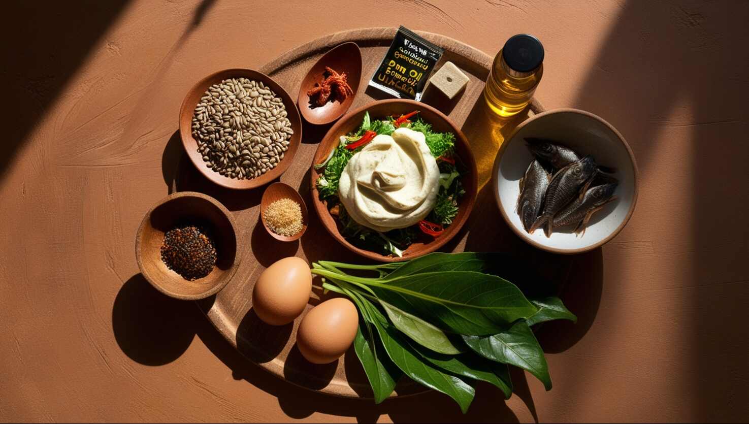 Ein Holztablett mit den wichtigsten Zutaten für Afrikanischen Salat: frische Eier, Blattgemüse, Fisch, verschiedene Samen, ein Päckchen und eine Flasche Öl, alles schön angerichtet auf einer strukturierten Oberfläche.