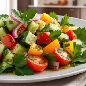 Ein bunter Gemüsesalat mit Tomaten, Gurken, Paprika und roten Zwiebeln auf einem weißen Teller, garniert mit Petersilie.