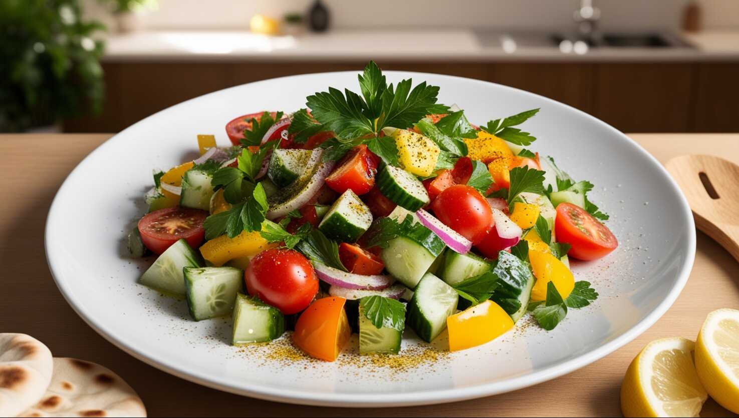 Ein bunter Arabischer Salat mit Gurken, Tomaten, Paprika, roten Zwiebeln, Petersilie und einer Zitronenscheibe auf einem weißen Teller ist ein lebendiges und erfrischendes Gericht.