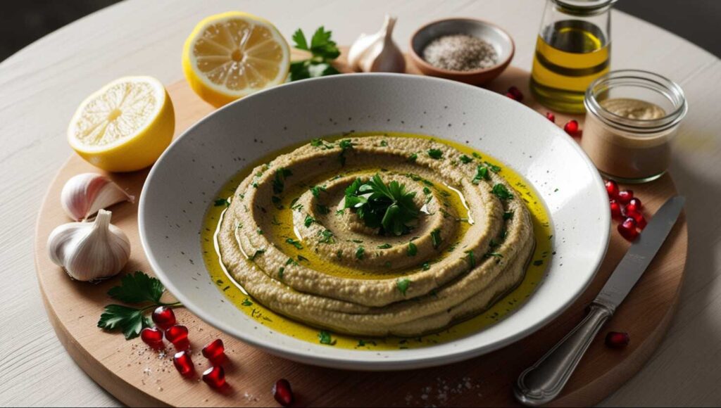 Ein Teller Hummus, garniert mit Olivenöl, Petersilie und Granatapfelkernen, umgeben von Zitrone, Knoblauch und Gewürzen.