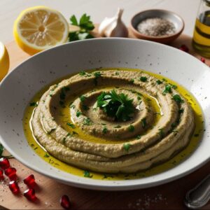 Ein Teller Hummus, garniert mit Olivenöl, Petersilie und Granatapfelkernen, umgeben von Zitrone, Knoblauch und Gewürzen.