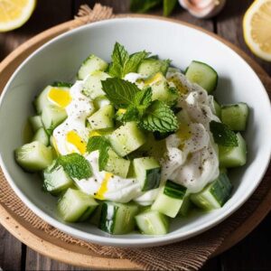 Eine Schüssel Gurken-Joghurt-Salat, garniert mit Minzblättern, umgeben von Zitronenhälften und Knoblauchzehen, auf einem Holztisch.