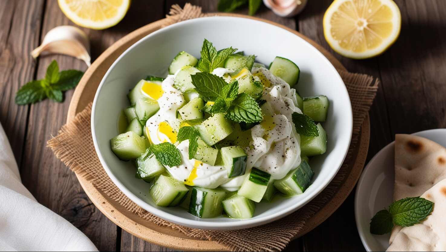 Eine Schüssel Gurken-Joghurt-Salat, garniert mit Minzblättern, umgeben von Zitronenhälften und Knoblauchzehen, auf einem Holztisch.