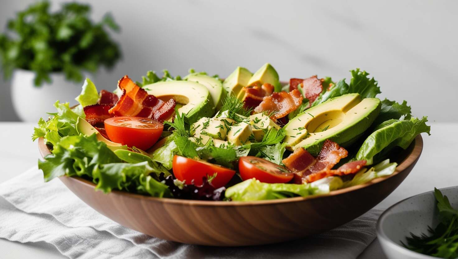 Ein Keto-Salat in einer Holzschüssel besteht aus Avocado, Kirschtomaten, knusprigem Speck und gemischtem Blattgemüse auf einer makellos weißen Oberfläche.