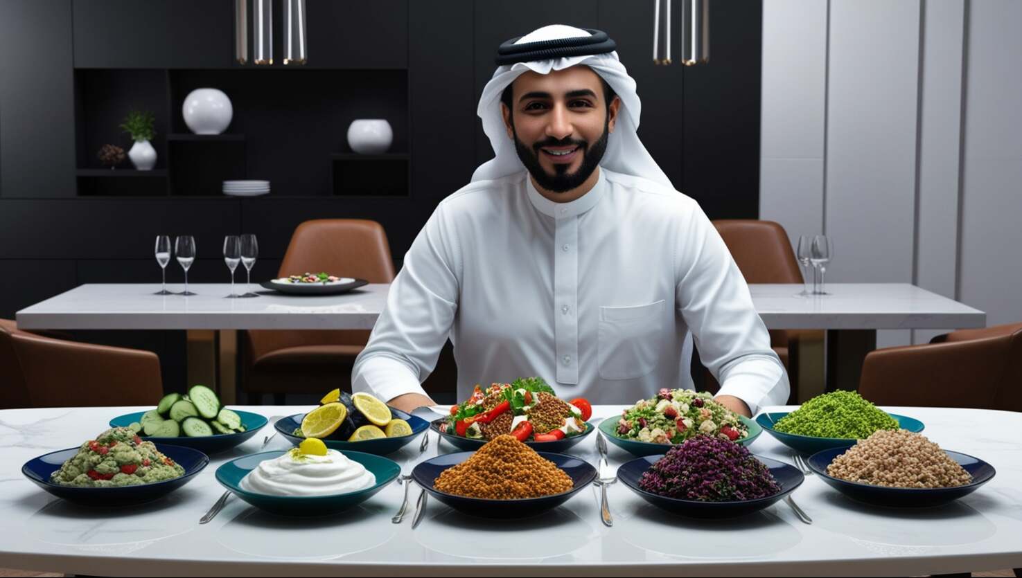 Ein Mann in traditioneller Kleidung sitzt in einem modernen Speisesaal an einem Tisch mit verschiedenen Gerichten aus dem Nahen Osten, darunter eine Auswahl arabischer Salate.