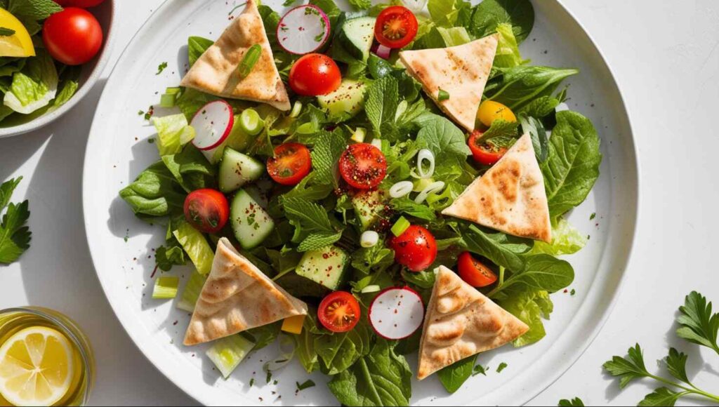 Ein frischer Salat mit Kopfsalat, Tomaten, Gurken, Radieschen und Kräutern auf einem weißen Teller bietet einen lebendigen Geschmack der Nahöstlichen Küche, ergänzt durch knusprige Pita-Ecken.