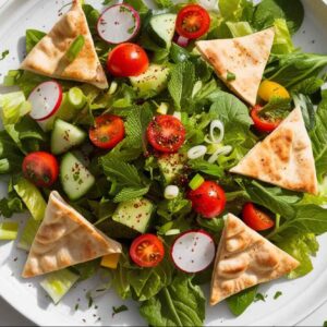 Ein frischer Salat mit Kopfsalat, Tomaten, Gurken, Radieschen und Kräutern auf einem weißen Teller bietet einen lebendigen Geschmack der Nahöstlichen Küche, ergänzt durch knusprige Pita-Ecken.