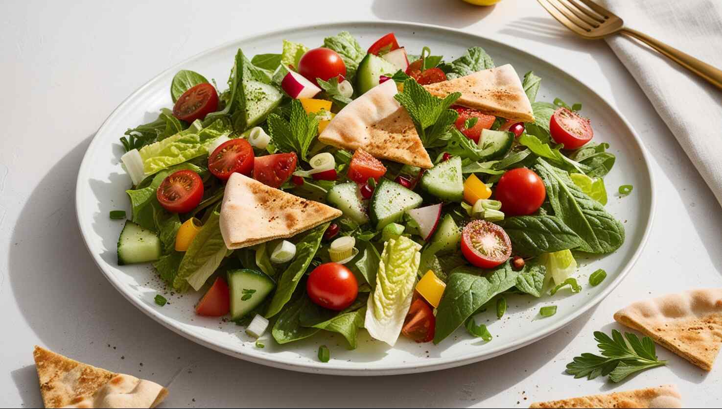 Ein frischer Salat mit Kopfsalat, Kirschtomaten, Gurke und Radieschen auf einem weißen Teller, garniert mit Kräutern und knusprigen Pita-Chips, bringt einen Hauch Levantiner Küche auf Ihren Tisch.