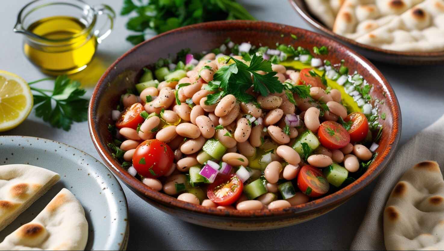 Ein erfrischender weißer Bohnensalat inspiriert von Ful Medames, mit Kirschtomaten, Gurken und Kräutern. Dazu passt frisches Pita-Brot und ein kleines Glas Olivenöl.