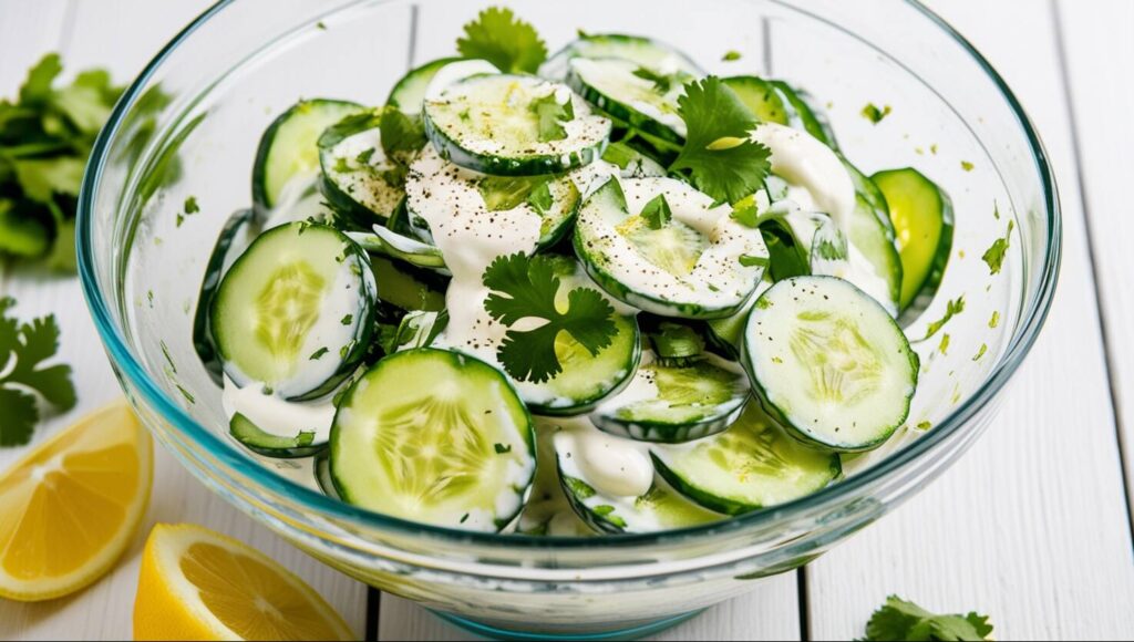 Eine Glasschale Gurkensalat mit Joghurt-Dressing, garniert mit Koriander und schwarzem Pfeffer, neben Zitronenscheiben auf einem weißen Tisch.