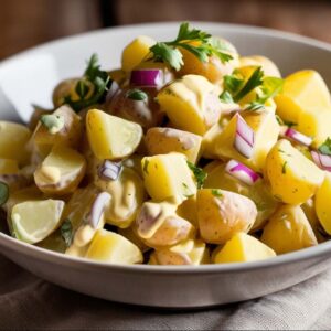 Eine Schüssel Kartoffelsalat mit gehackten roten Zwiebeln, Petersilie und Kartoffelwürfeln auf einem Holztisch.