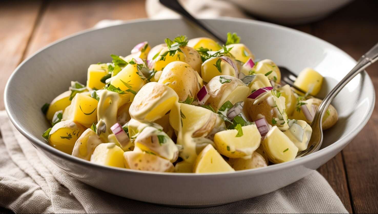 Eine Schüssel Kartoffelsalat mit gehackten Zwiebeln, Kräutern und einem cremigen Dressing.