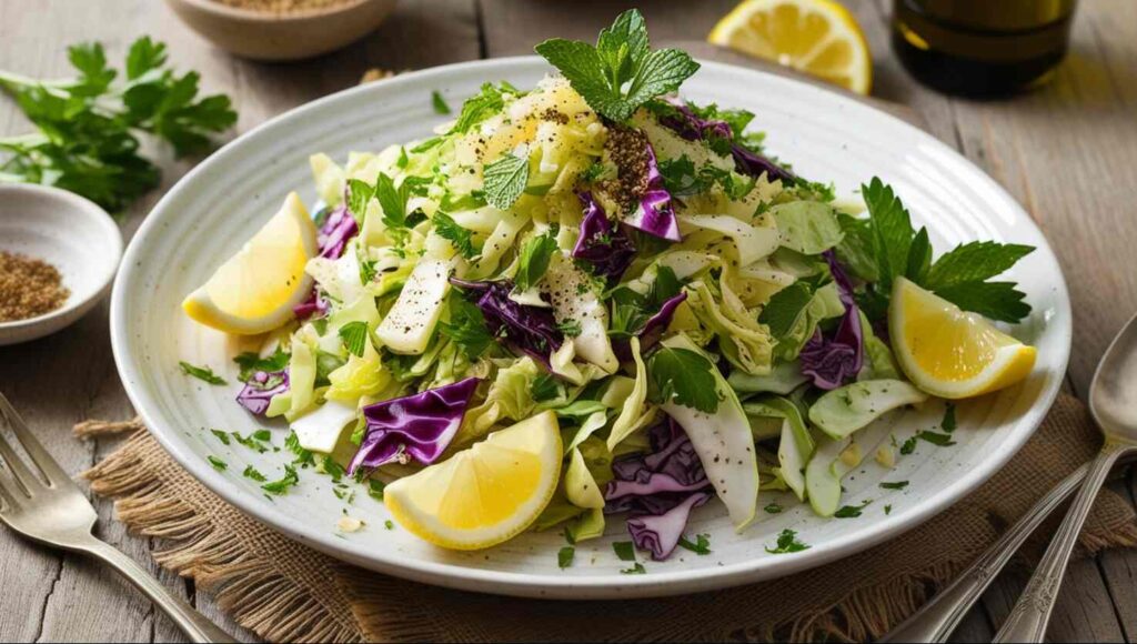 Ein Teller mit gemischtem Krautsalat mit Zitronenscheiben, garniert mit Petersilie und Minze, serviert auf einem rustikalen Tisch.