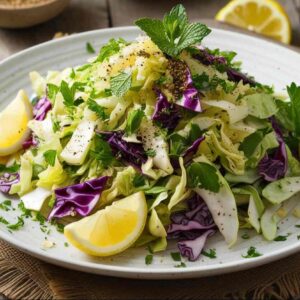 Ein Teller mit gemischtem Krautsalat mit Zitronenscheiben, garniert mit Petersilie und Minze, serviert auf einem rustikalen Tisch.