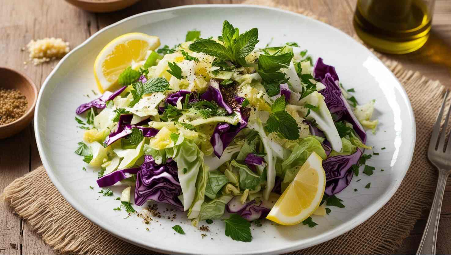 Ein Teller mit gemischtem Krautsalat mit Zitronenscheiben, Minzblättern und Gewürzen auf einem Holztisch.