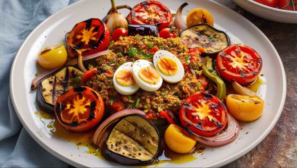 Ein Teller Mechouia-Salat mit gegrilltem Gemüse, weichgekochten Eiern und gewürztem Fleisch, garniert mit Kräutern, alles mit Olivenöl beträufelt.