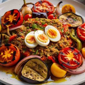 Ein Teller Mechouia-Salat mit gegrilltem Gemüse, weichgekochten Eiern und gewürztem Fleisch, garniert mit Kräutern, alles mit Olivenöl beträufelt.