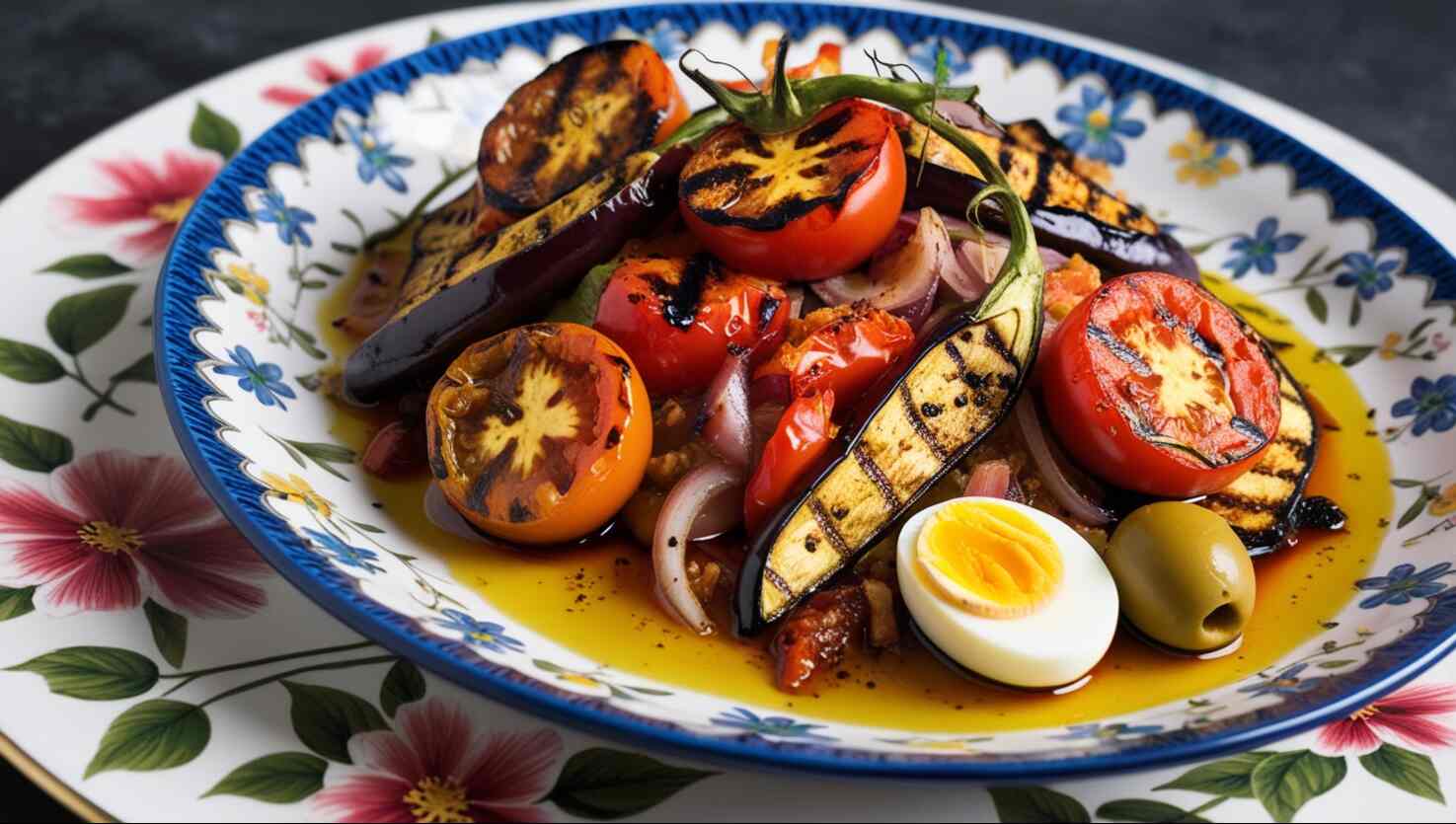 Gegrilltes Gemüse mit Kirschtomaten, roten Zwiebeln, gekochtem Ei und Oliven wird in diesem Mechouia-Salat-Rezept hübsch auf einem Blumenteller angerichtet.