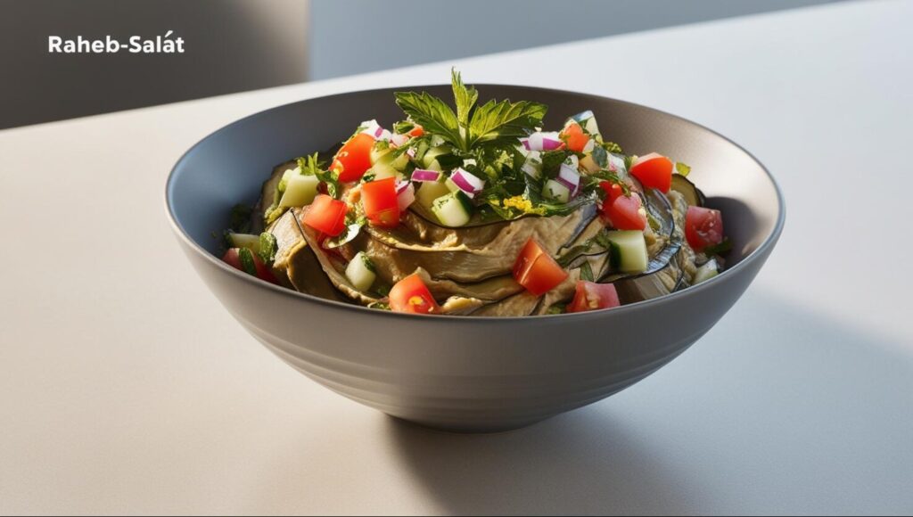 Eine Schüssel Raheb-Salat mit einer köstlichen Mischung aus geschnittenen Auberginen, gewürfelten Tomaten, Gurken, roten Zwiebeln und frischen Kräutern. Perfekt für alle, die ein authentisches Raheb-Salat-Rezept suchen, um ihr kulinarisches Erlebnis zu verfeinern.