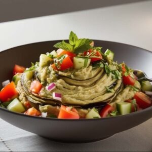 Eine Schüssel Raheb Salat, bestehend aus geschnittenen Auberginen, garniert mit gewürfelten Tomaten, Gurken, Minze und Dressing, steht mit einem Löffel auf einem Tisch.