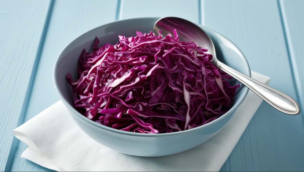 Eine Schüssel mit geschnittenem Rotkohl, perfekt für Ihr Rotkohl-Salat-Rezept, steht mit einem Löffel auf einer Serviette auf einer hellblauen Holzoberfläche.