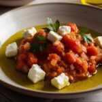 Eine Schüssel Tomateneintopf, garniert mit Käsewürfeln, Petersilienblättern und einem Schuss Olivenöl.