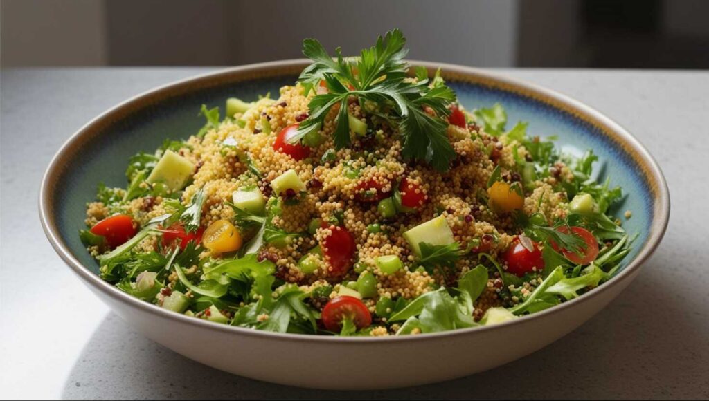 Eine Schüssel Couscous-Salat mit Kirschtomaten, Avocadowürfeln, Gemüse und Kräutern, garniert mit Petersilie.