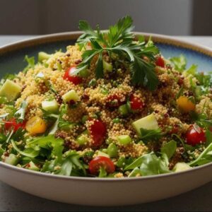 Eine Schüssel Couscous-Salat mit Kirschtomaten, Avocadowürfeln, Gemüse und Kräutern, garniert mit Petersilie.