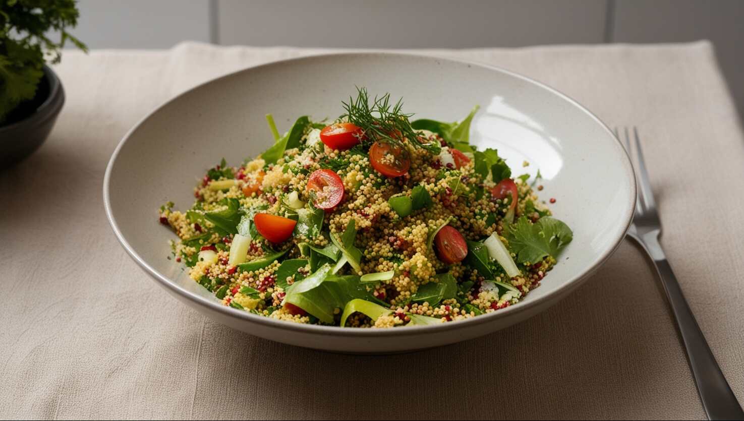 Eine Schüssel Quinoa-Taboulé-Salat mit Kirschtomaten, Gemüse und Kräutern steht zusammen mit einer Gabel auf einer beigen Tischdecke.