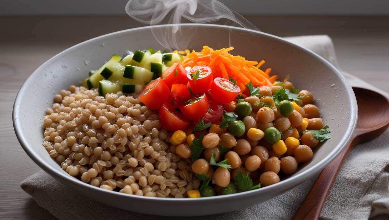 Eine Schüssel mit Gerste, Kirschtomaten, geriebenen Karotten, Kichererbsen, Erbsen, Mais und Gurken mit einem Holzlöffel daneben.