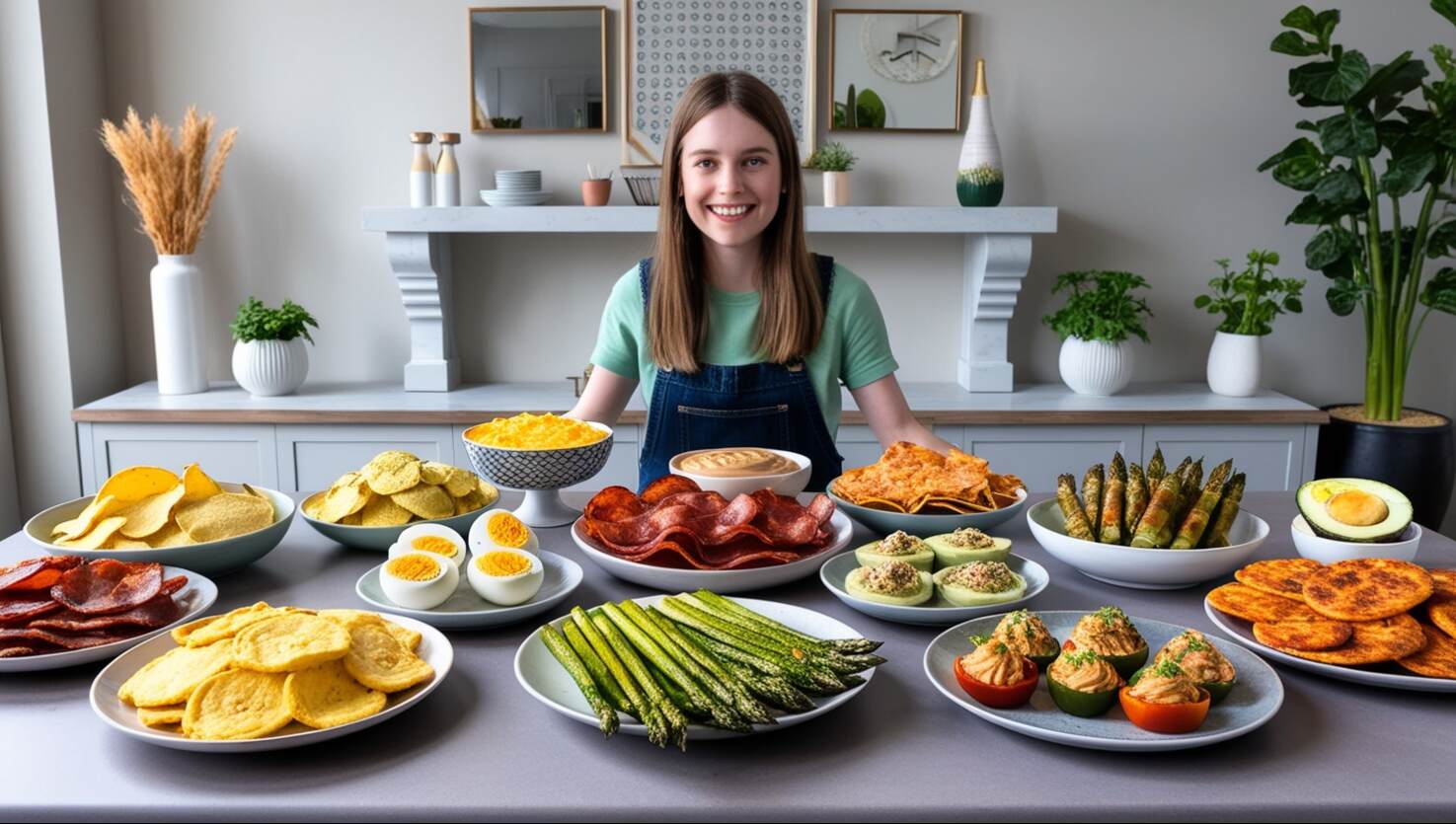 Eine lächelnde Person steht in einer hellen, modernen Küche hinter einem Tisch voller 69 Keto-Snack-Rezepte.