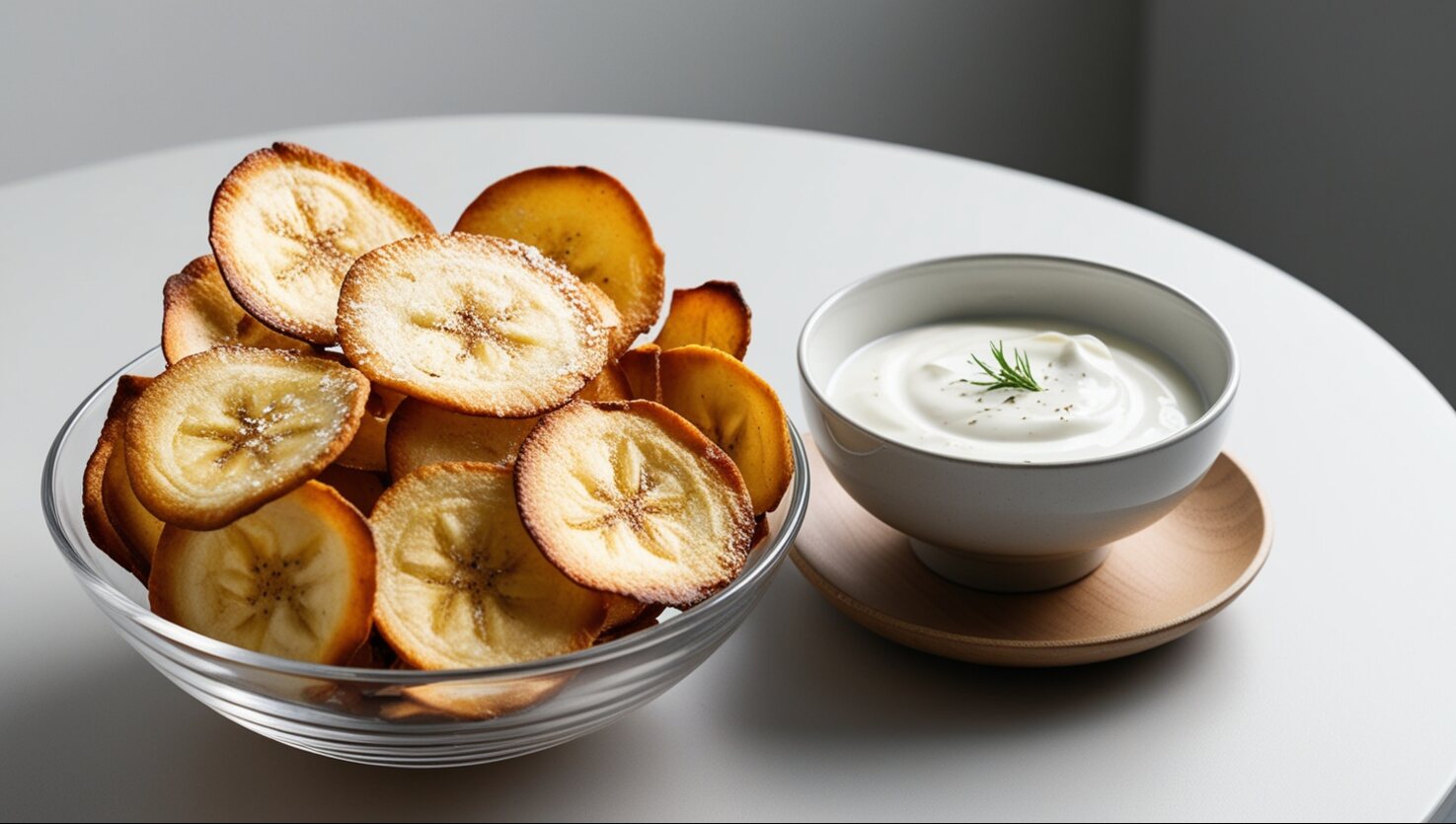 Eine Schüssel Bananenchips neben einer Schüssel Joghurtdip auf einem weißen Tisch.