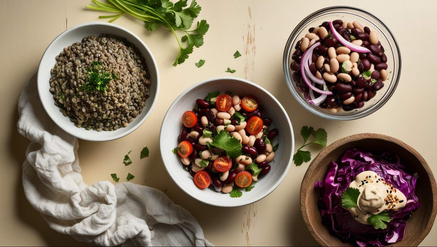 Verschiedene Bohnensalate und eine Schüssel Linsen stehen elegant auf dem Tisch, garniert mit frischen Kräutern, ein Sinnbild für Deutsche Salate für Vegetarier und Veganer. Alles ist von einem frischen weißen Tischtuch umgeben.