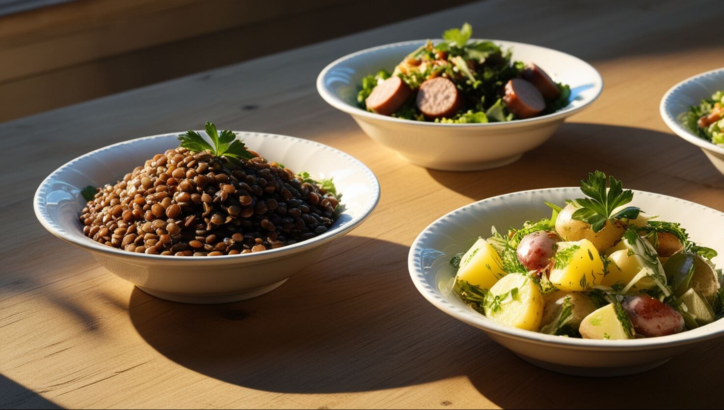 Schüsseln mit Essen auf einem Holztisch, darunter Linsen, Salat mit Wurst und ein Kartoffelsalat mit Kräutern.