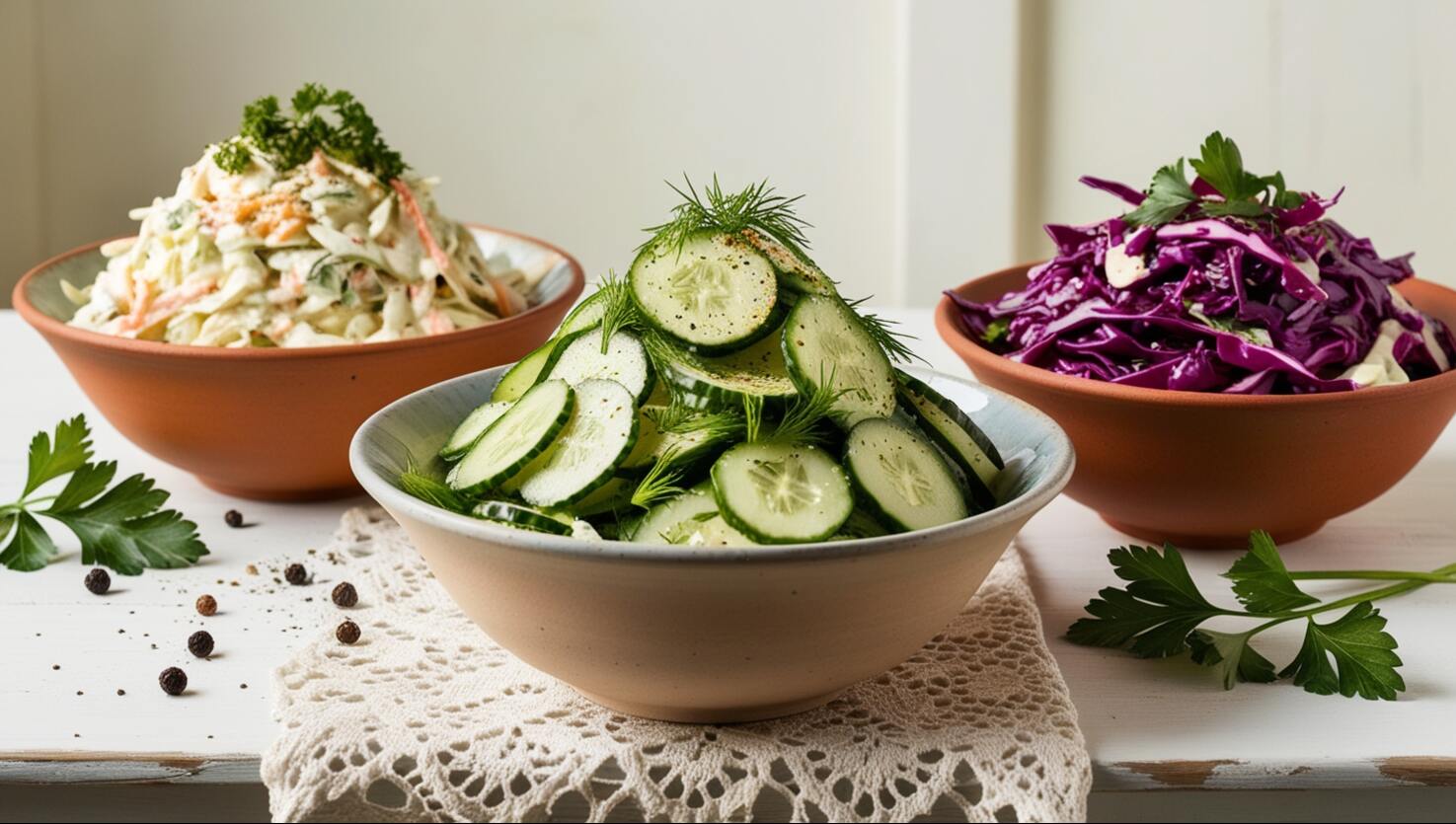 Drei Schüsseln Salate: Gurke mit Dill, Krautsalat mit Karotte und Rotkohl mit Petersilie veranschaulichen die perfekten deutschen Salate zur Gewichtsreduktion auf einem weißen Tisch.