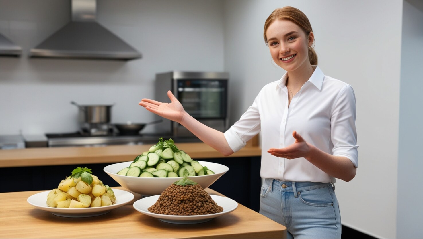 In einer Küche, die mit Tellern mit geschnittenen Gurken, Kartoffeln und Linsen geschmückt ist, deutet eine Person enthusiastisch auf den Aufstrich. Diese Zutaten eignen sich perfekt für die Zubereitung kalorienarmer deutscher Rezepte für eine genussvolle Mahlzeit.