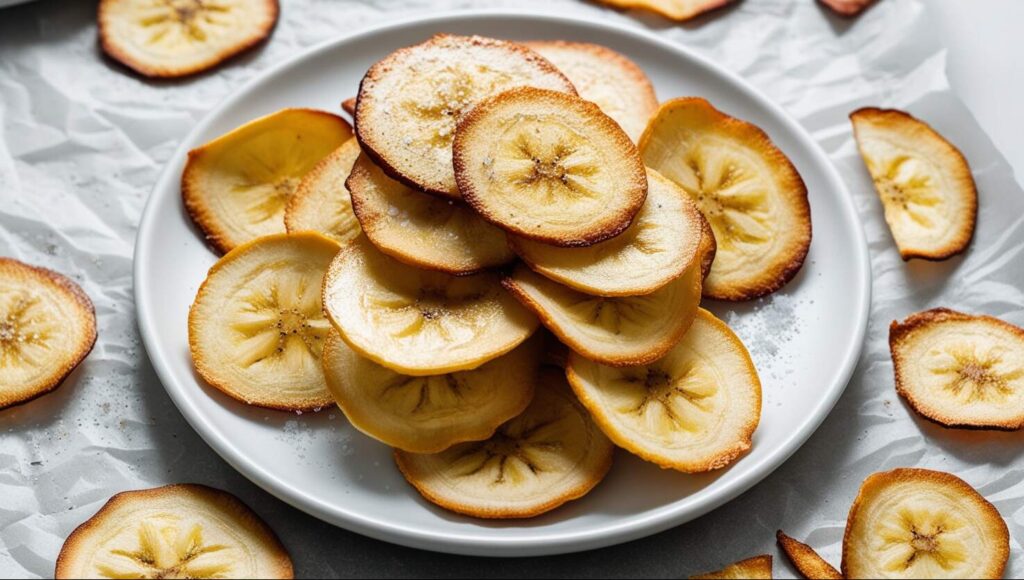 Ein Teller mit getrockneten Bananenchips, ein perfekter Leckerbissen aus 69 Keto-Snack-Rezepten.