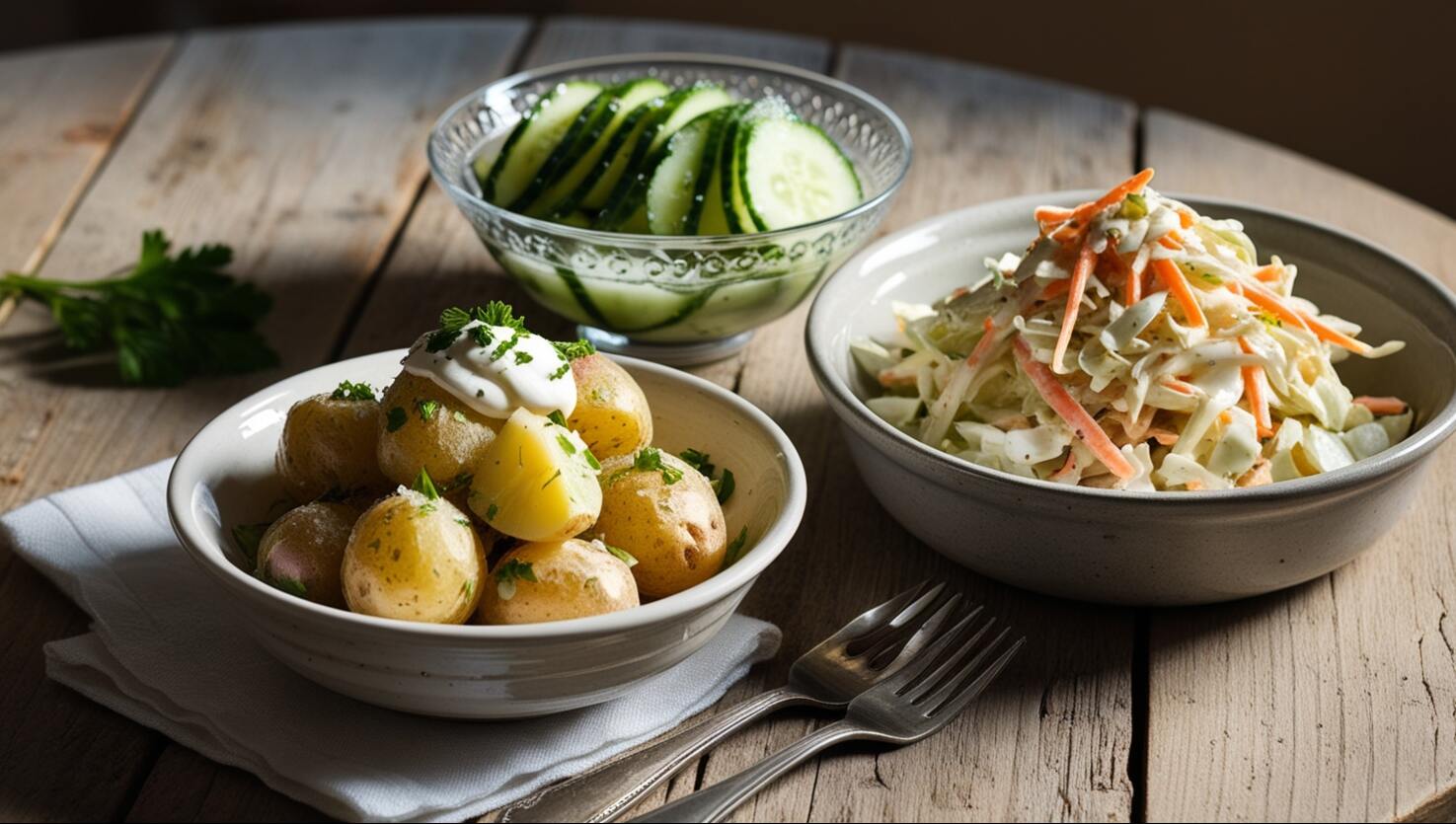 Kräuterkartoffeln, Krautsalat und Gurkenscheiben in Schüsseln auf einem Holztisch, daneben Gabel und Messer.