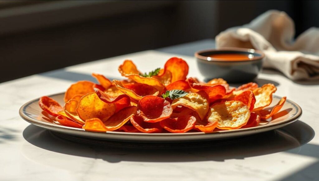 Ein Teller mit getrockneten Gemüsechips von Keto-Snack-Rezepte, dazu Dip-Sauce auf einem weißen Tisch.