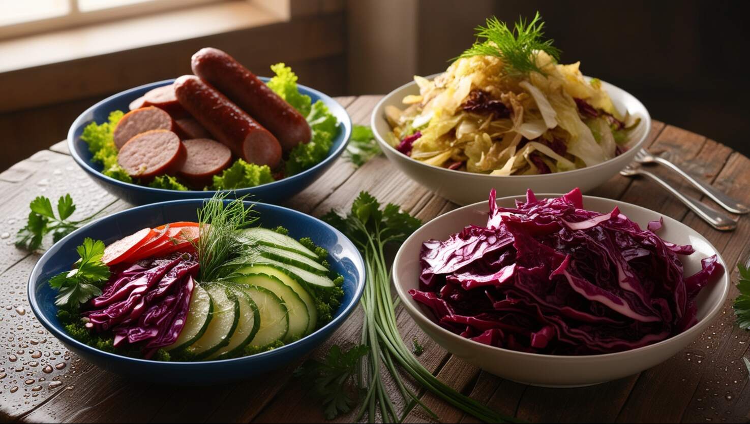 Drei Schüsseln mit Wurstscheiben, grünem Salat und Rotkohl auf einem Holztisch am Fenster.