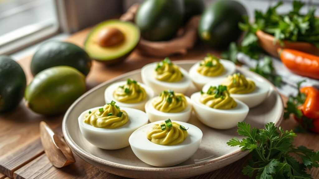 Teller mit Avocado-Teufelseier, grün garniert, umgeben von frischen Kräutern auf einem Holztisch.