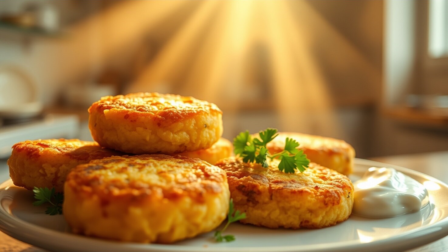 Goldbraune Kartoffelküchlein auf einem weißen Teller, garniert mit Petersilie und einem Klecks Sauerrahm, im warmen Sonnenlicht.