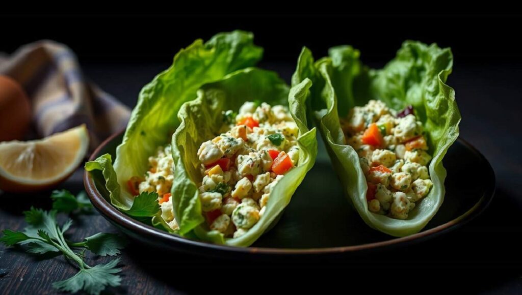 Drei mit einer Mischung aus Mais, Gemüsewürfeln und Kräutern gefüllte Salatwraps auf einem dunklen Teller, daneben Zitrone und Koriander.