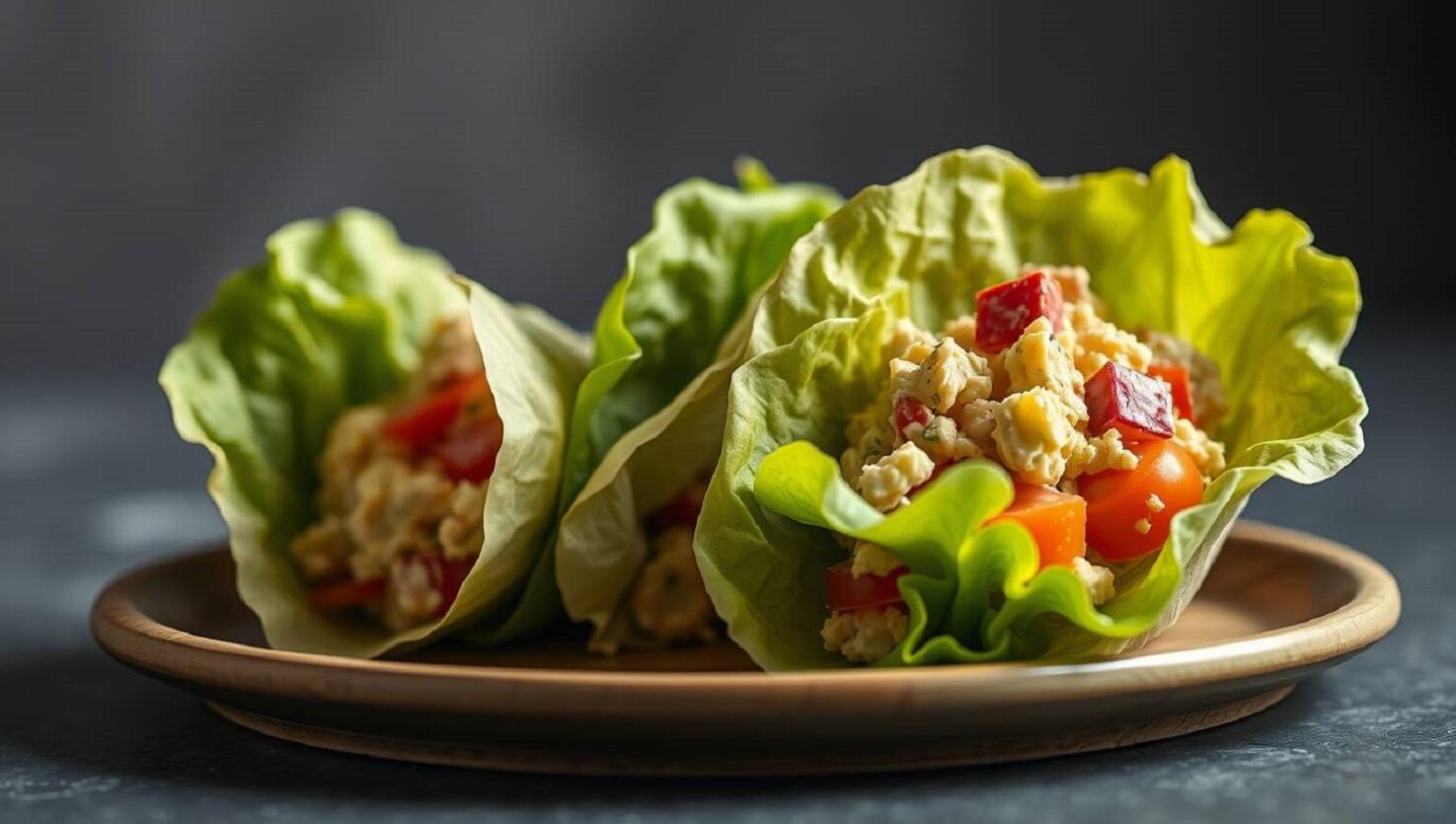 Drei Salatwraps gefüllt mit Rührei, Paprika und Fetakäse auf einem Holzteller.